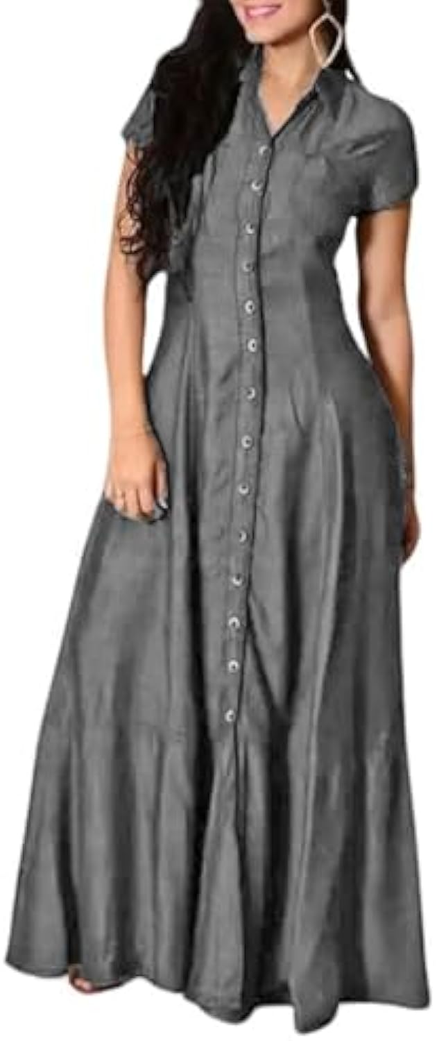 Loose Fit Button Down Long Denim Dress