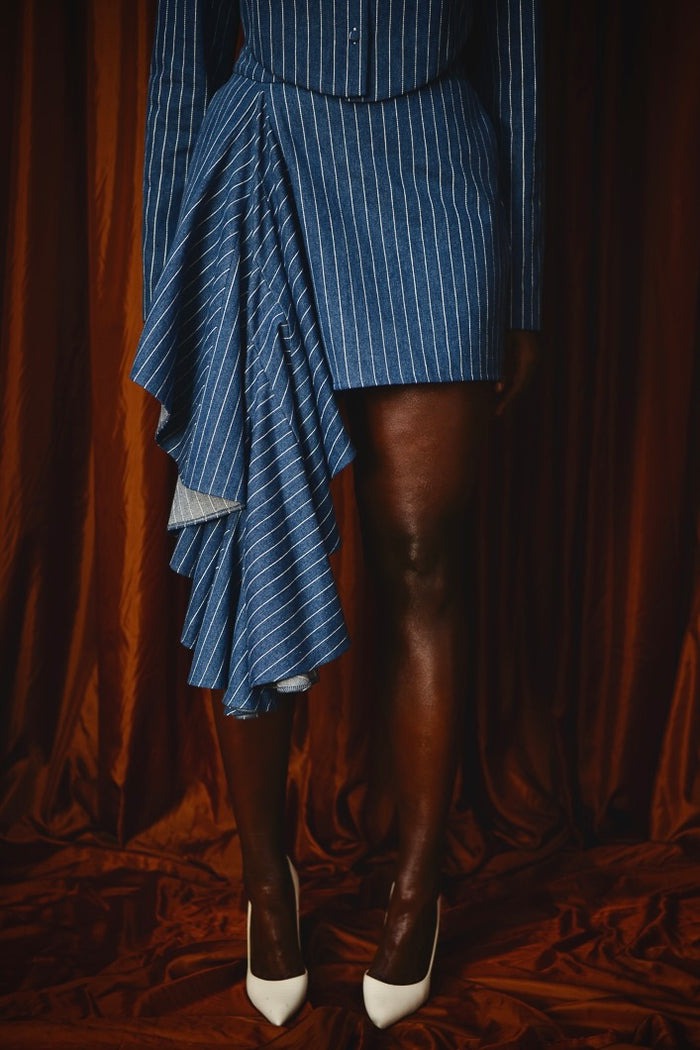 Pinstriped Denim Tailored Backless Jacket & Asymmetric Mini Skirt
