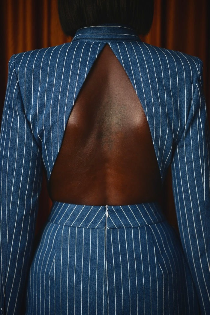 Pinstriped Denim Tailored Backless Jacket & Asymmetric Mini Skirt