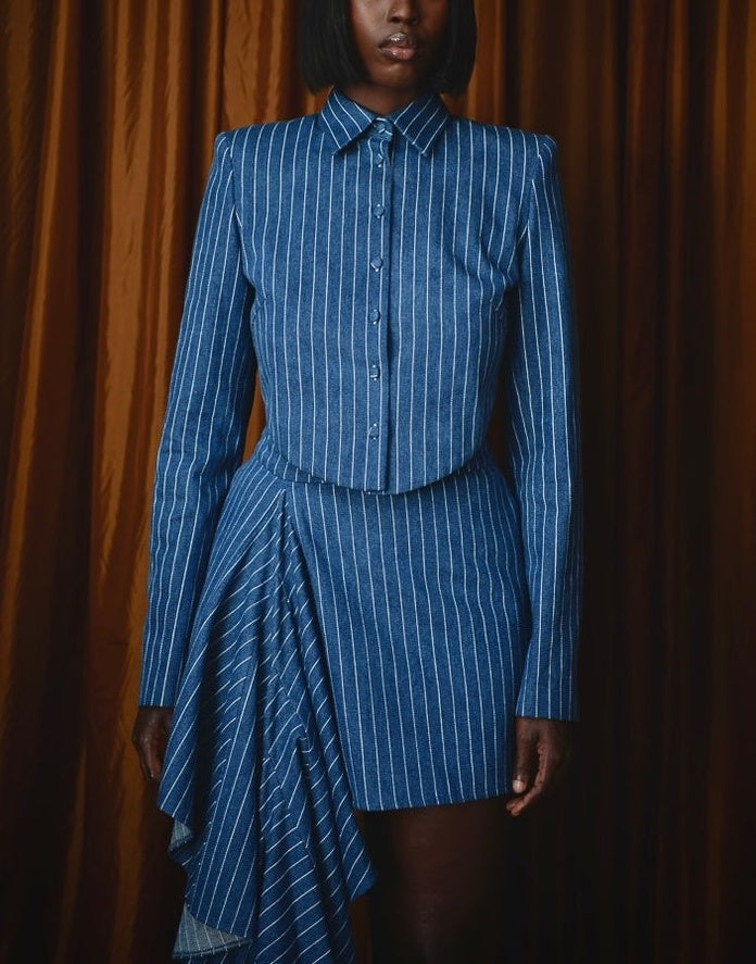 Pinstriped Denim Tailored Backless Jacket & Asymmetric Mini Skirt
