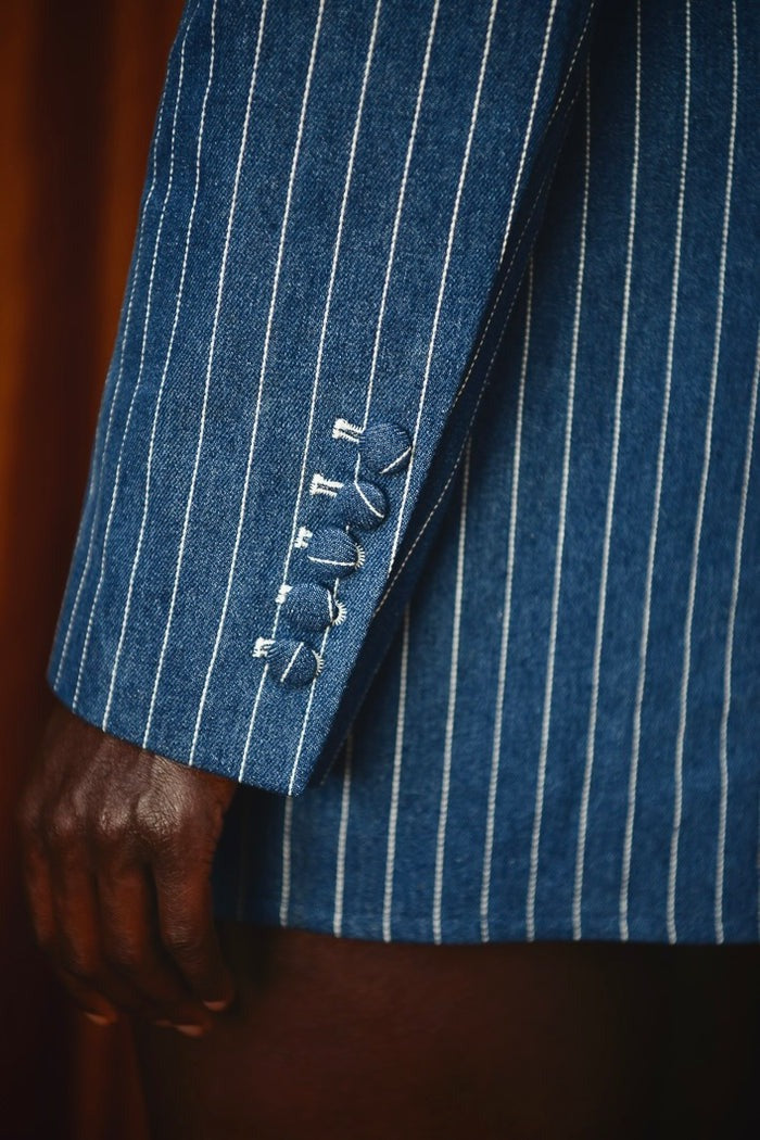 Pinstriped Denim Tailored Backless Jacket & Asymmetric Mini Skirt