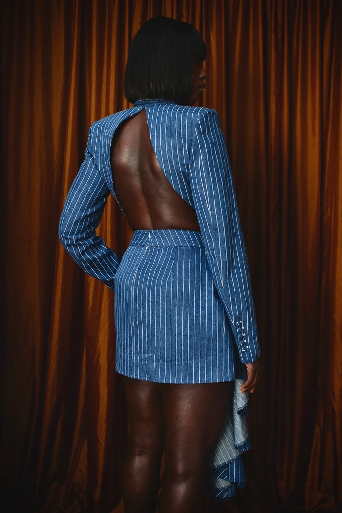 Pinstriped Denim Tailored Backless Jacket & Asymmetric Mini Skirt