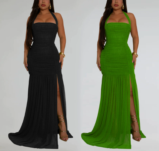 Halter Neck Mesh Sexy Slit Dress