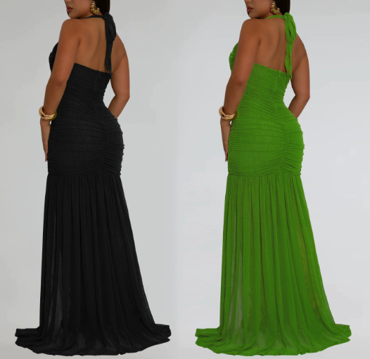Halter Neck Mesh Sexy Slit Dress