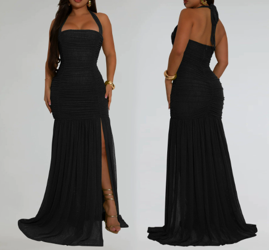 Halter Neck Mesh Sexy Slit Dress