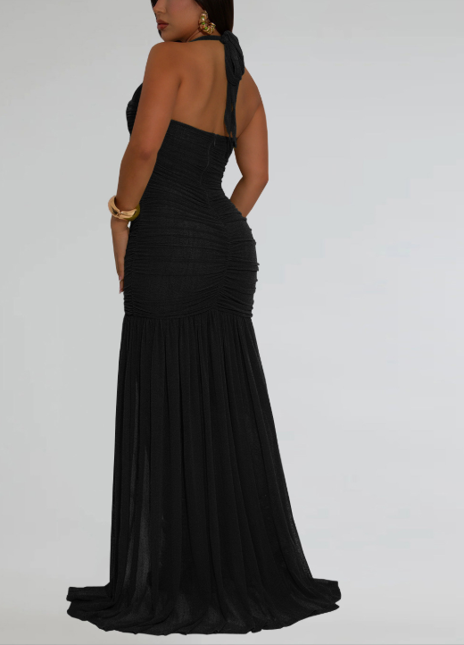 Halter Neck Mesh Sexy Slit Dress