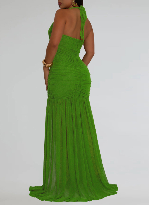 Halter Neck Mesh Sexy Slit Dress
