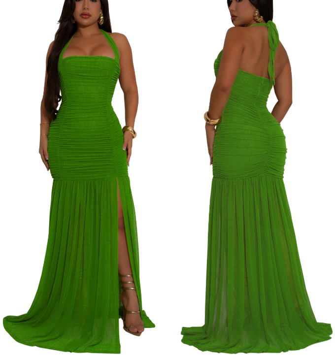 Halter Neck Mesh Sexy Slit Dress