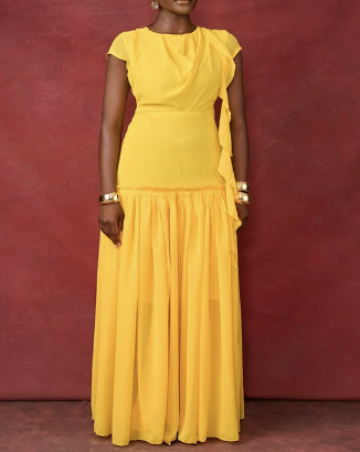 Round Neck High-waisted Ruffled Maxi Dress