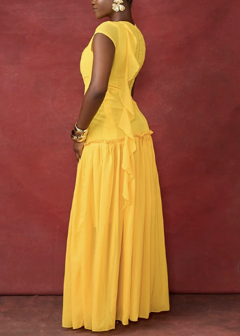 Round Neck High-waisted Ruffled Maxi Dress