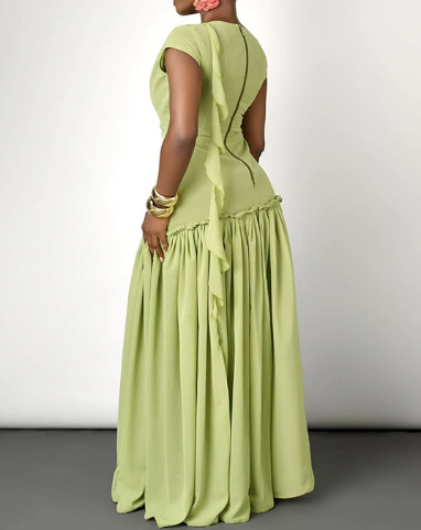 Round Neck High-waisted Ruffled Maxi Dress