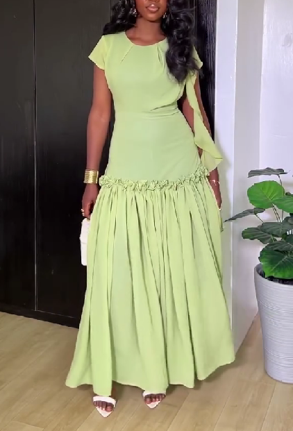 Round Neck High-waisted Ruffled Maxi Dress