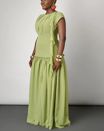Round Neck High-waisted Ruffled Maxi Dress