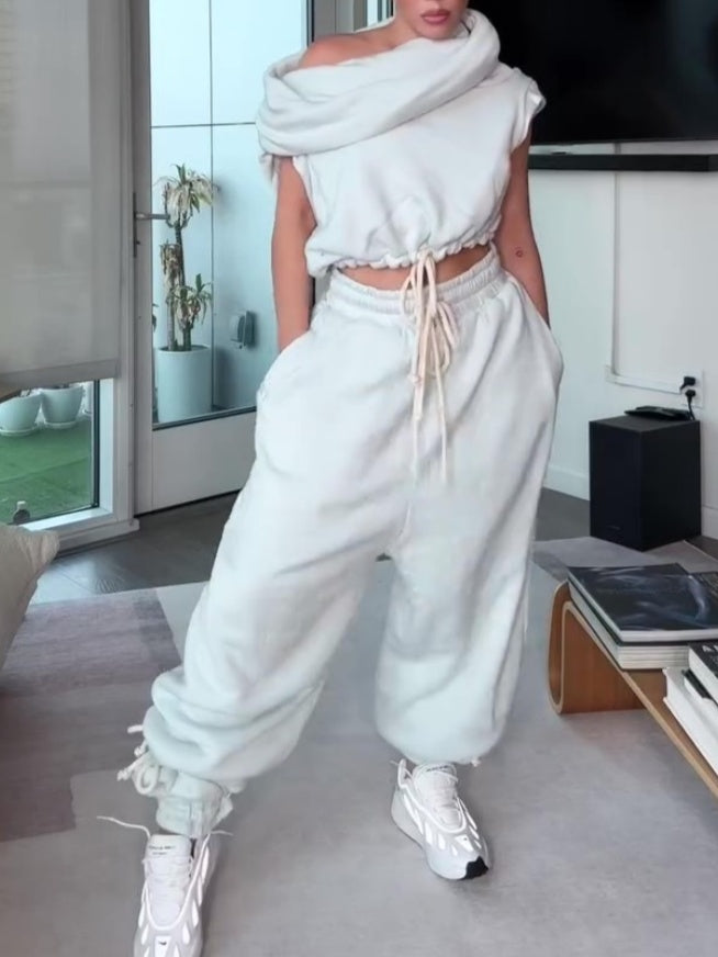 Cropped Sleeve Drawstring Hoodie Vest And Oversized Sweatpants Two Pieces Set