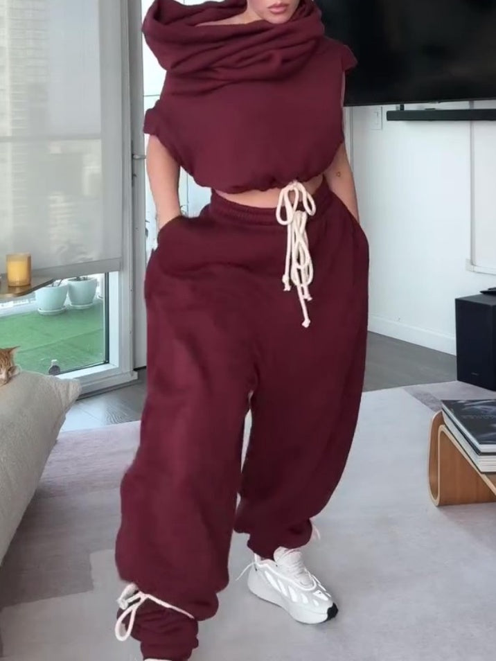 Cropped Sleeve Drawstring Hoodie Vest And Oversized Sweatpants Two Pieces Set
