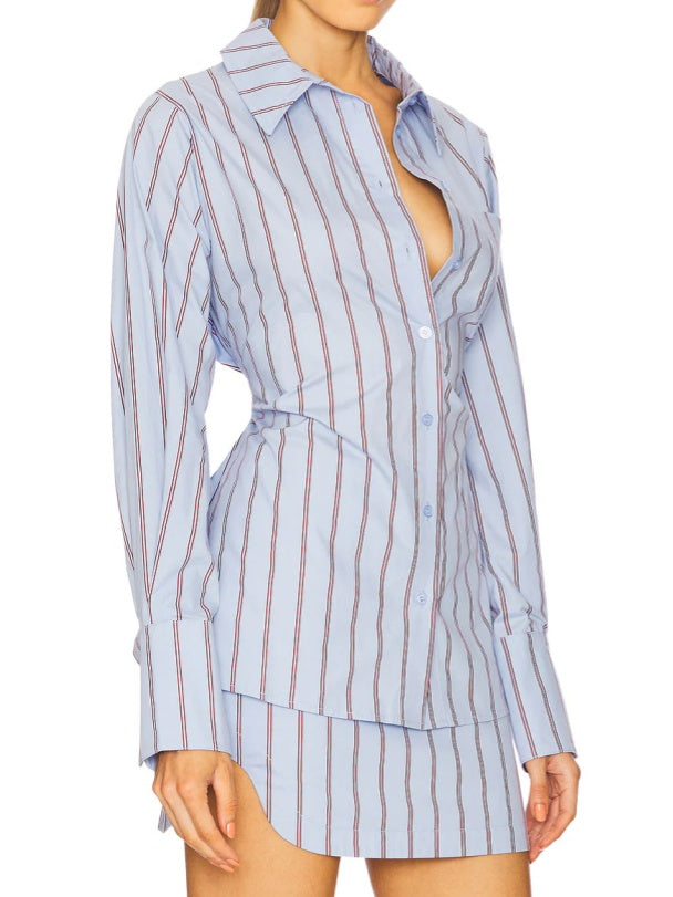 Striped Long-sleeved Shirt And Skirt Two-piece Set