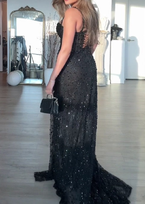 Sexy V-neck Halter Back Slit Dress