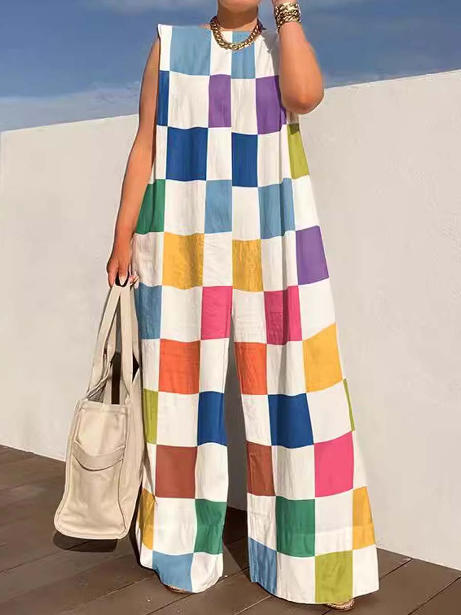 Fashion Check Color Stitching Sleeveless Jumpsuit