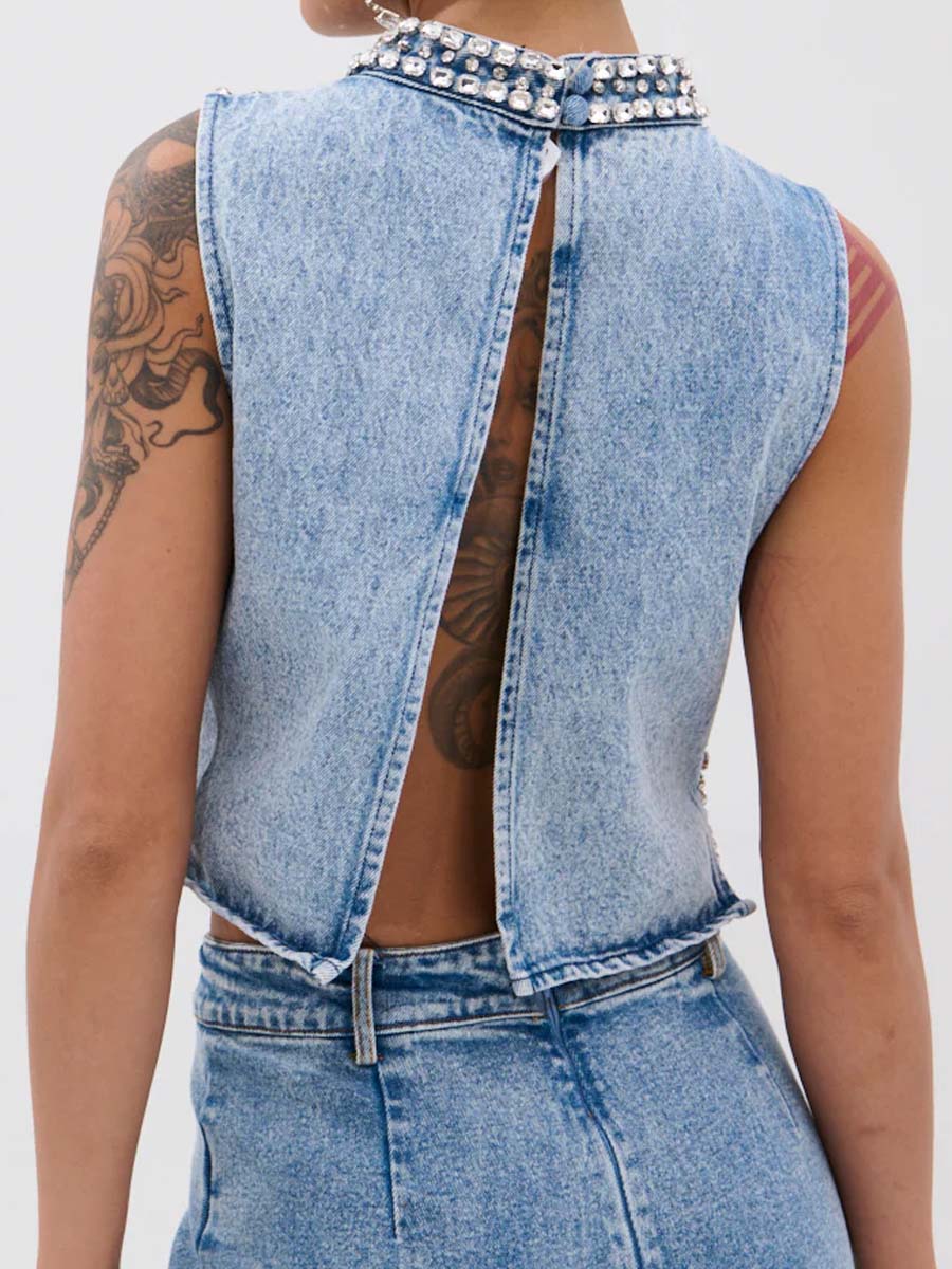 Rhinestone Denim Two Pieces Set