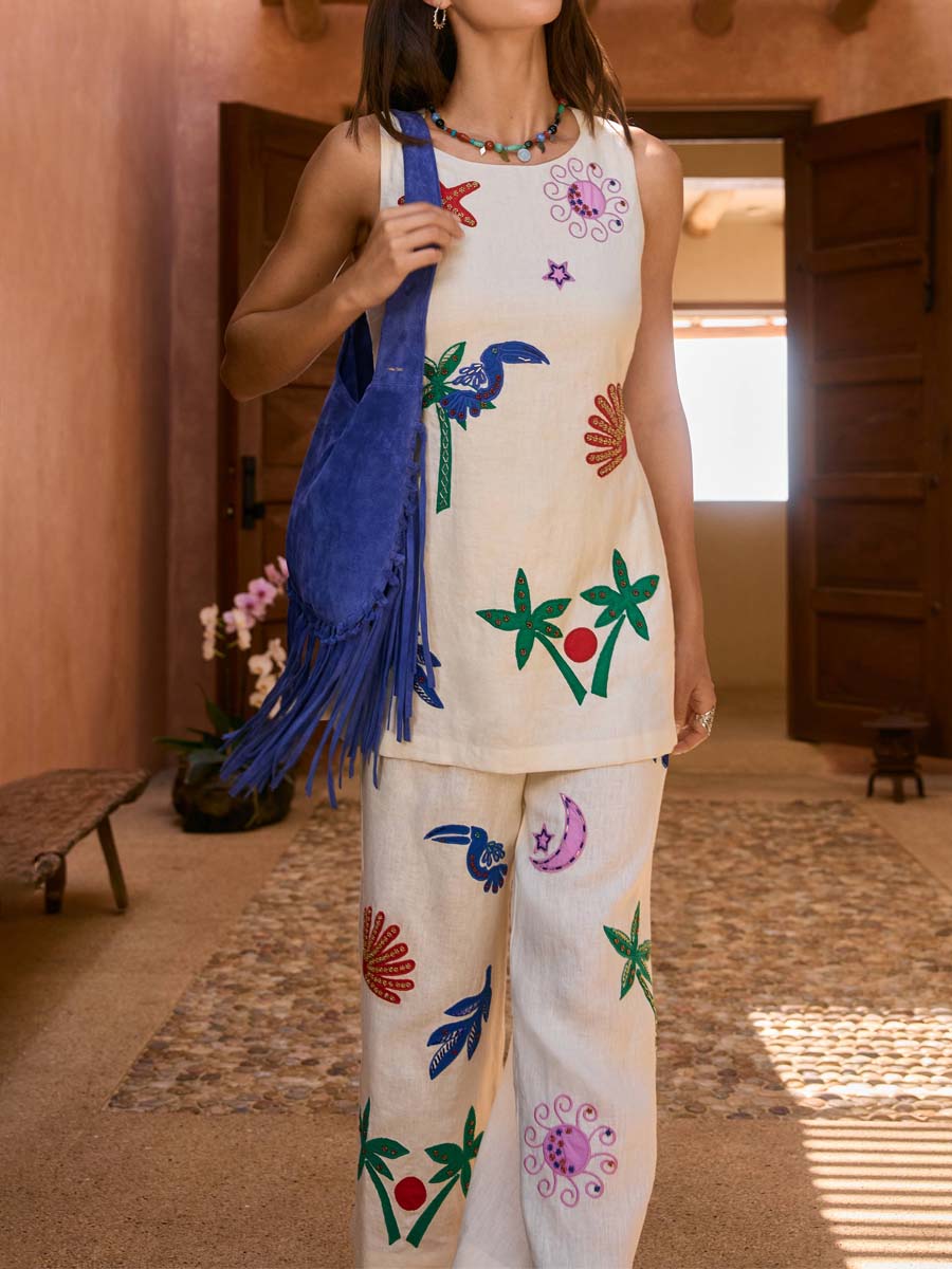 Embroidered Sleeveless Two Pieces Set