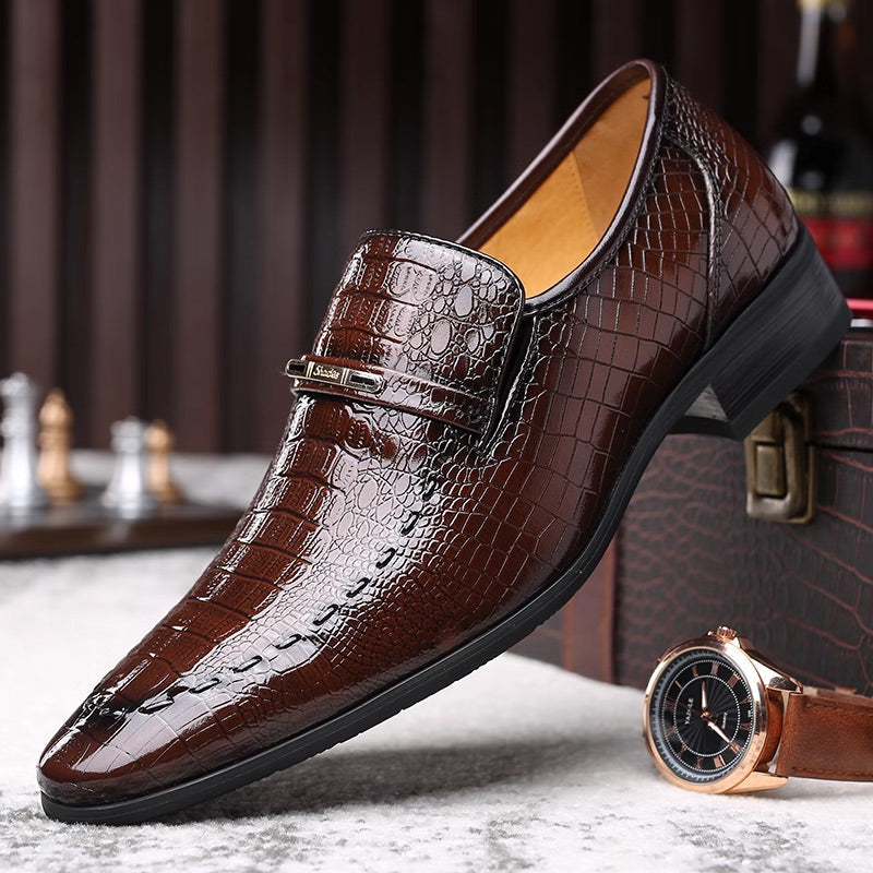 Men's Pointed Toe Crocodile Pattern Shiny Business Leather Shoes