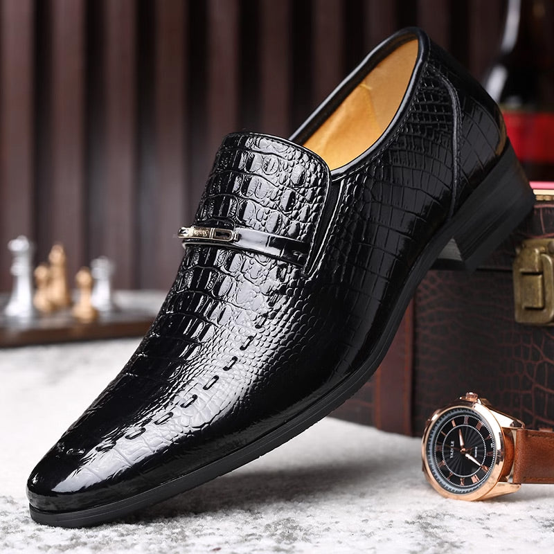 Men's Pointed Toe Crocodile Pattern Shiny Business Leather Shoes