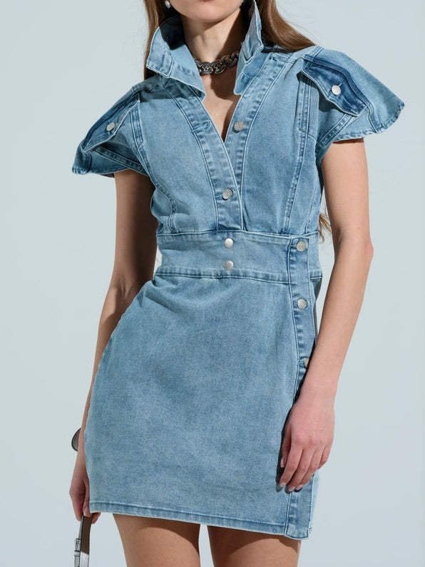 Pointed Collar Button Denim Mini Dress