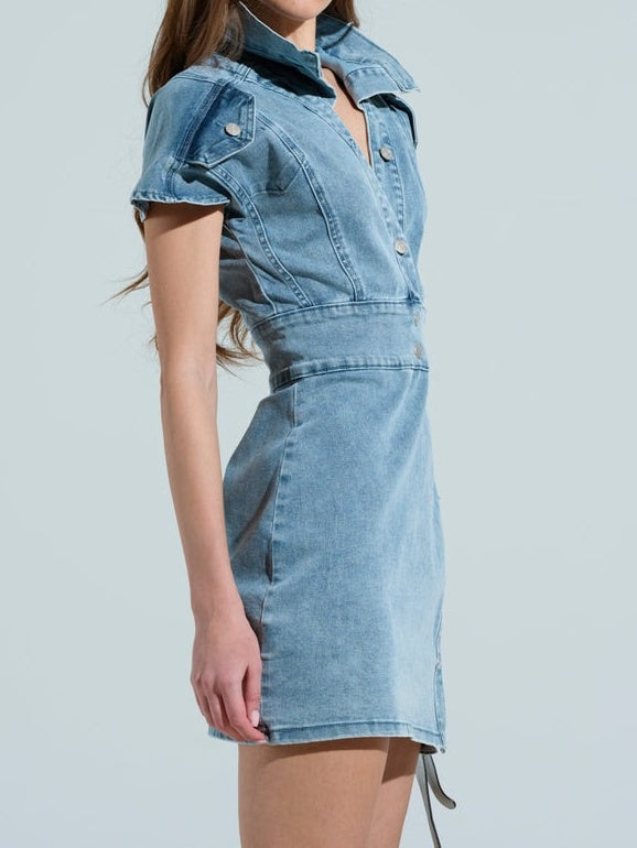 Pointed Collar Button Denim Mini Dress
