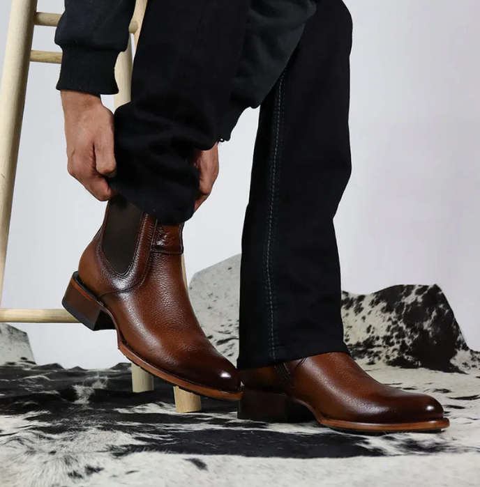 Men's British Style Pointed Toe Chunky Heel Ankle Boots