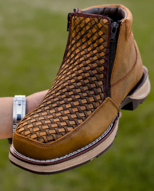 Retro Square Toe Side Zipper Woven Men's Ankle Boots