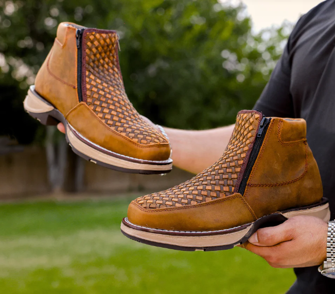 Retro Square Toe Side Zipper Woven Men's Ankle Boots