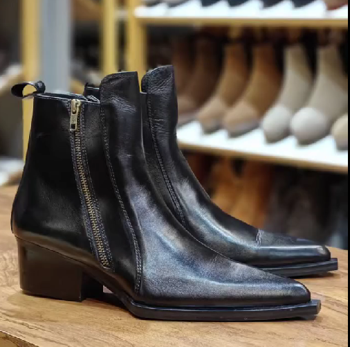 Men's Pointed Toe Chunky Heel Short Leather Boots