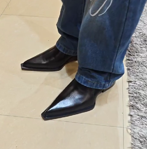 Men's Pointed Toe Chunky Heel Short Leather Boots