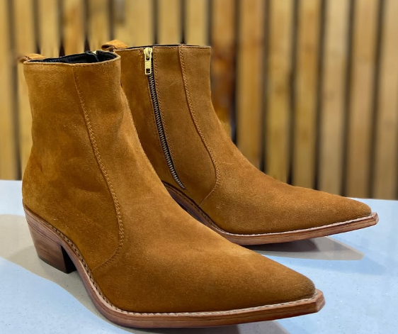 Men's Pointed Toe Nubuck Chunky Heel Ankle Boots