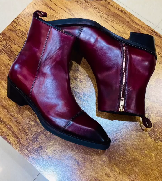 Men's Burgundy Square Toe Side Zipper Leather Ankle Boots