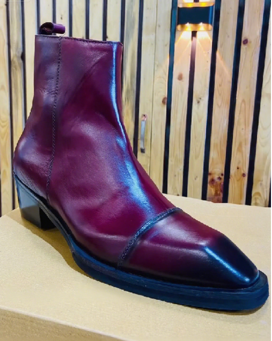 Men's Burgundy Square Toe Side Zipper Leather Ankle Boots