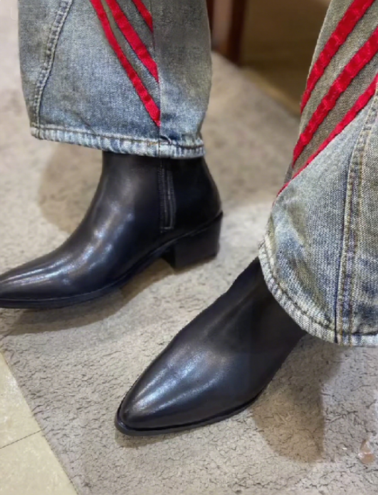 Men's All Black Cuban Pointed Leather Boots