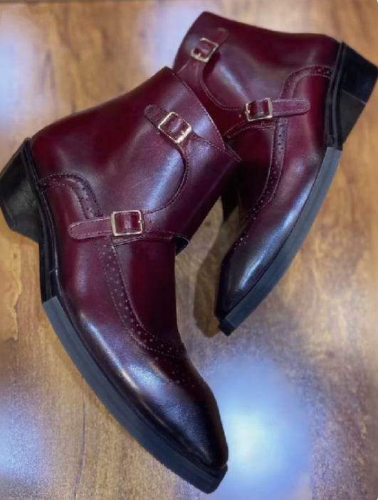 Cherry Italian Monk Cuban Leather Boots