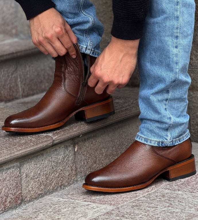 Men's Round Toe Side Zip Stretch Leather Cowboy Boots