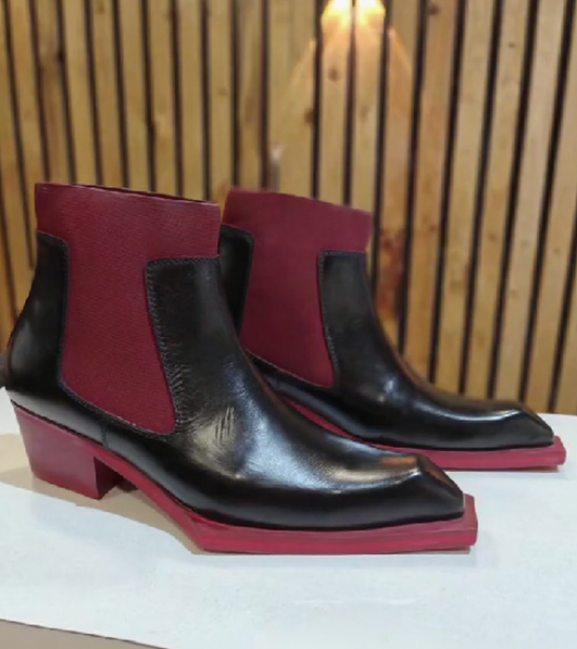 Men's Red Italian Square Toe Chelsea Leather Boots