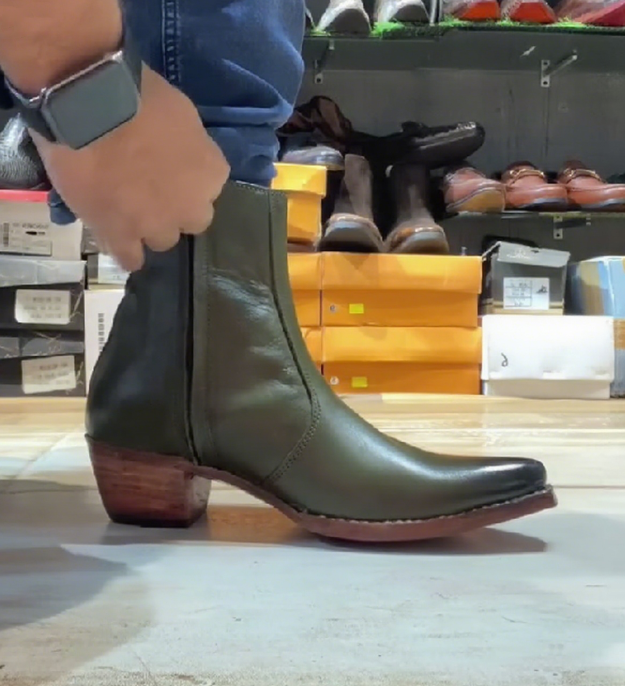 Men's Pointed Toe Ultimate Green Cuban High Heel Leather Boots