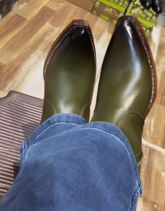 Men's Pointed Toe Ultimate Green Cuban High Heel Leather Boots