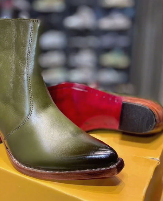 Men's Pointed Toe Ultimate Green Cuban High Heel Leather Boots