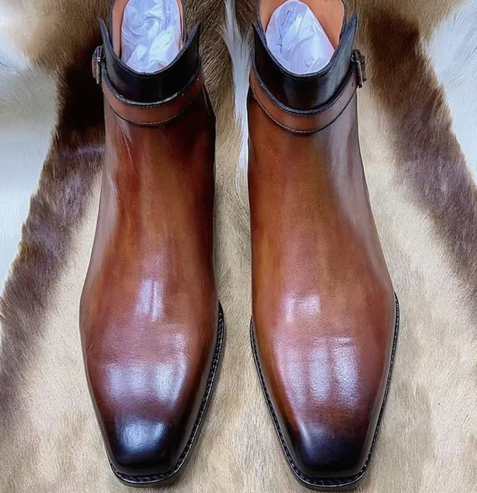 Handmade Men's Leather Cognac Patina Ankle High Stylish Shoes Boots