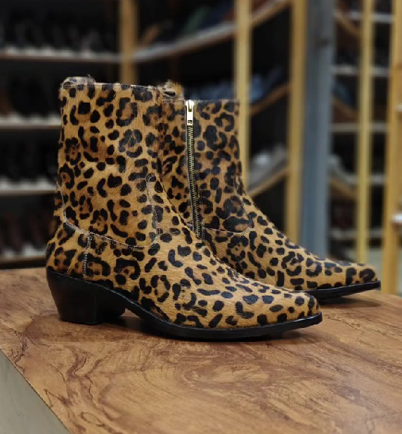 Brown Leopard Pointed Hand Crafted Leather Boots