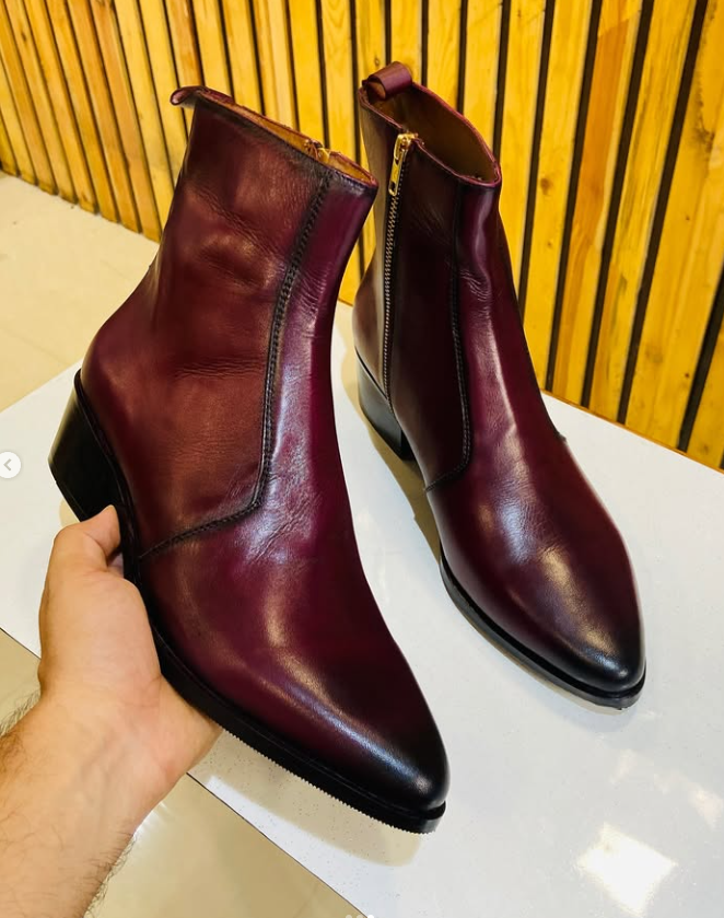 Men's Burgundy Smudge Toe Side Zipper Ankle Boots