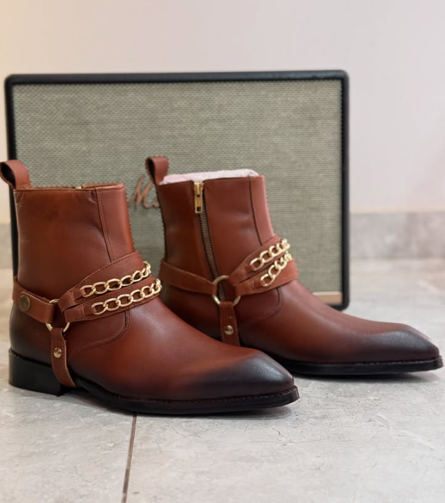 Men's Tan Leather Mixed Chain Ankle Boots
