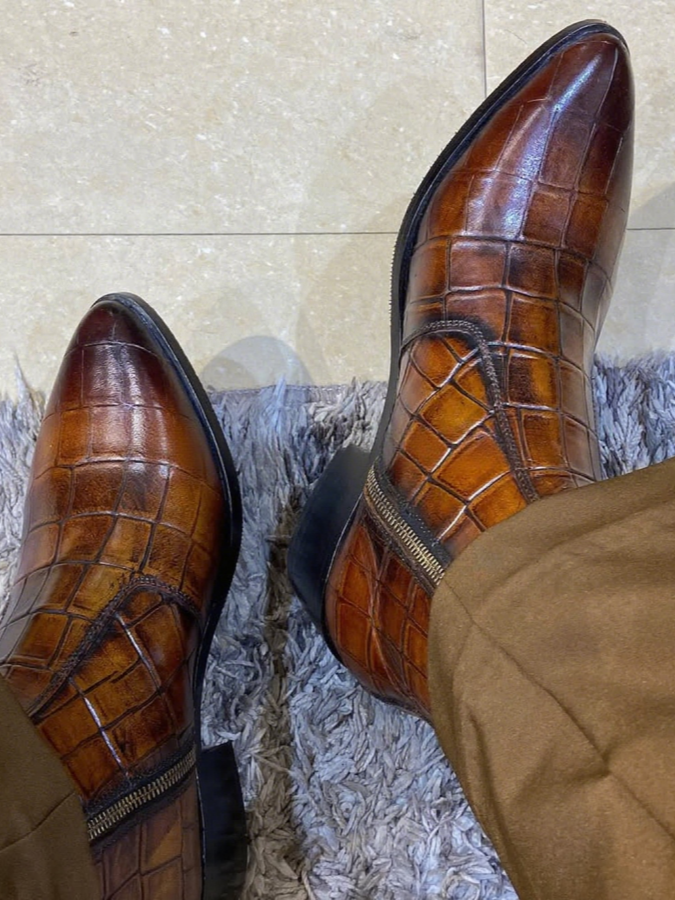Men's Dark brown Crocodile Print Side Zipper Pointed Toe Boots