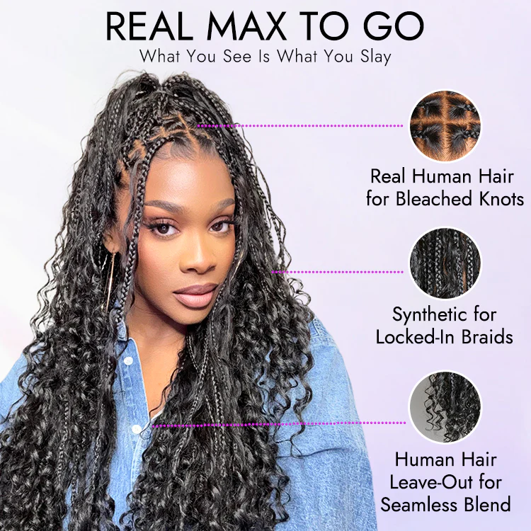 Flexi-Fit Invisi Drawstring Cap Full Lace Knotless Boho Curls Braided Long Wig Super Natural Scalp