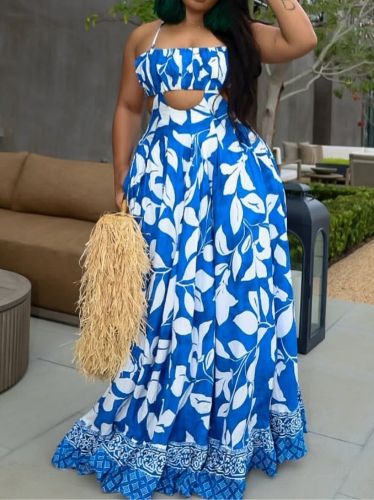 Backless Printed Suspender Maxi Dress